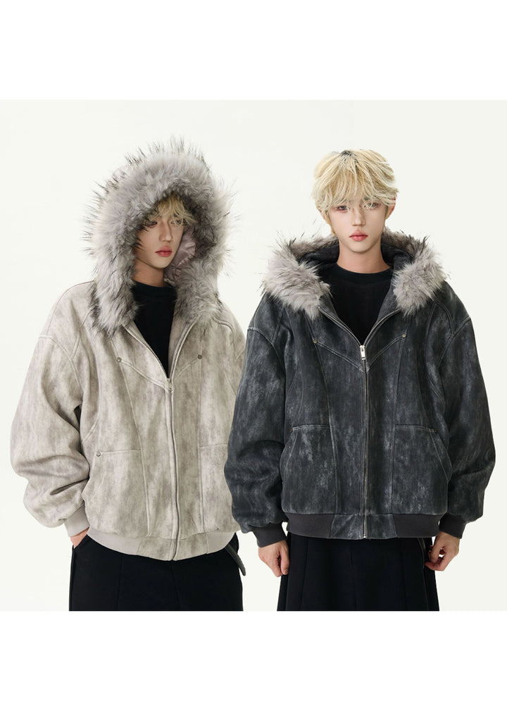 DISTRESSED FUR HOOD SHORT JACKET BEDES4546