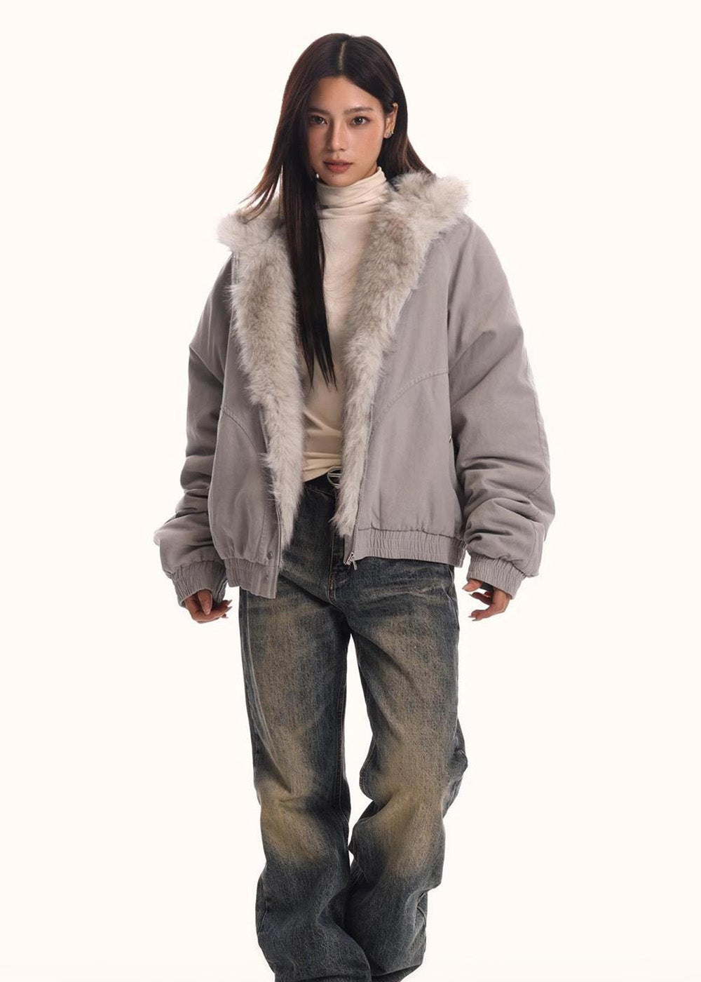 FUR LINED HOODED SHORT JACKET BEDES4540