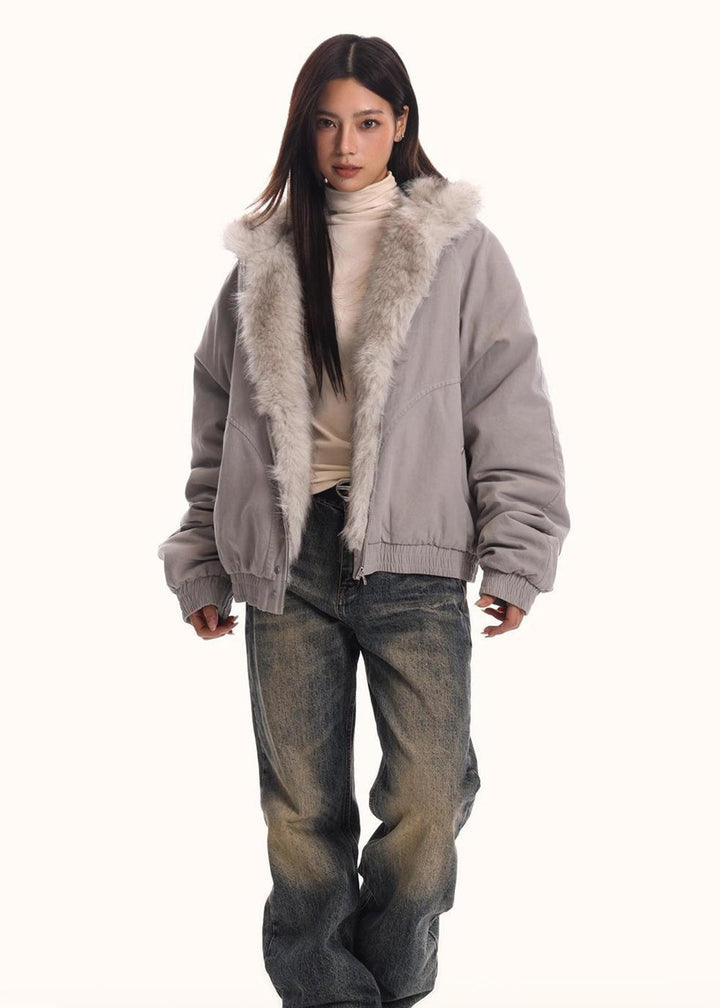 FUR LINED HOODED SHORT JACKET BEDES4540