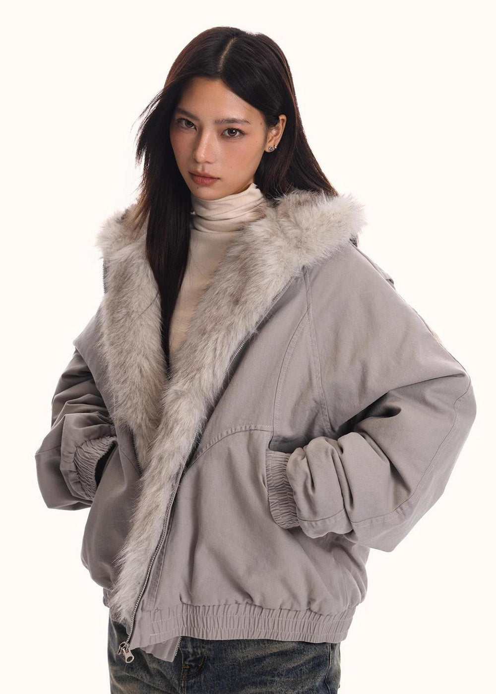 FUR LINED HOODED SHORT JACKET BEDES4540