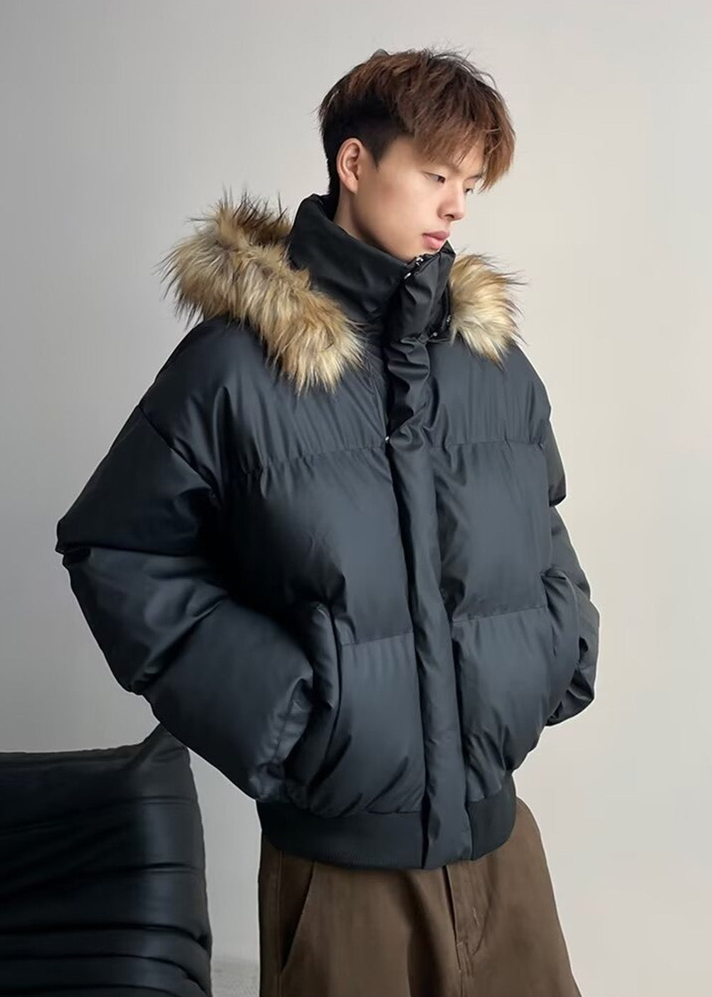 FUR HOODED PUFF SHORT JACKET BEDES4541