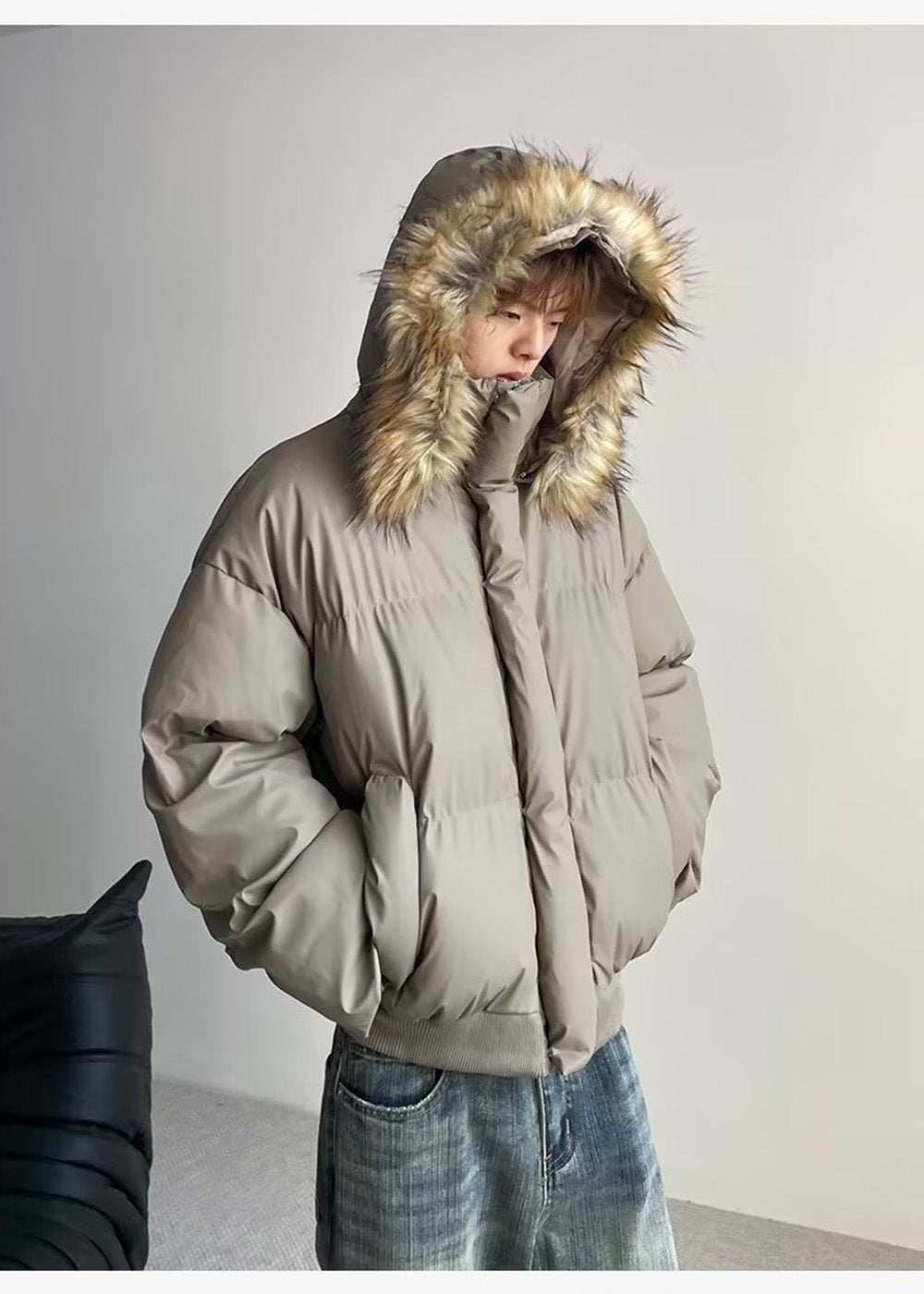 FUR HOODED PUFF SHORT JACKET BEDES4541