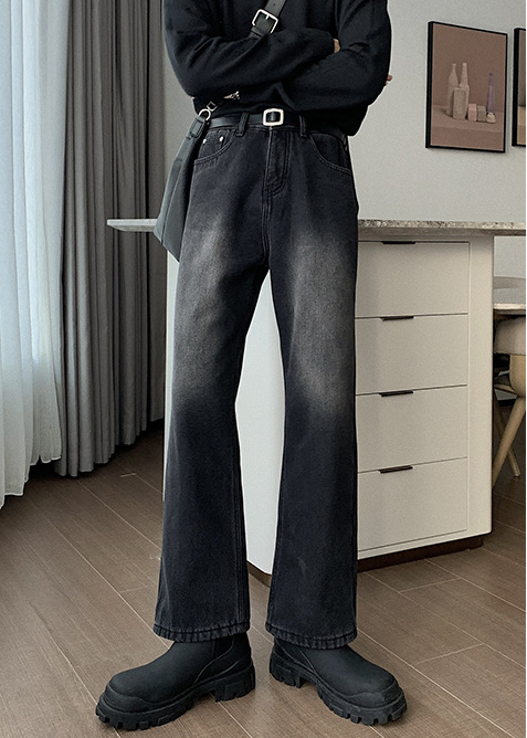 FADED SEMI FLARE BLACK DENIM PANTS BEDES4749