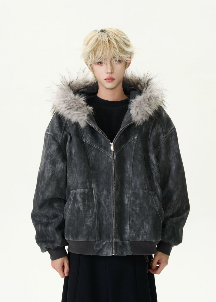 DISTRESSED FUR HOOD SHORT JACKET BEDES4546