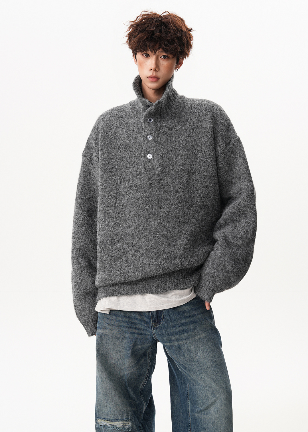 BUTTONED HIGH COLLAR KNIT SWEATER BEDES4549