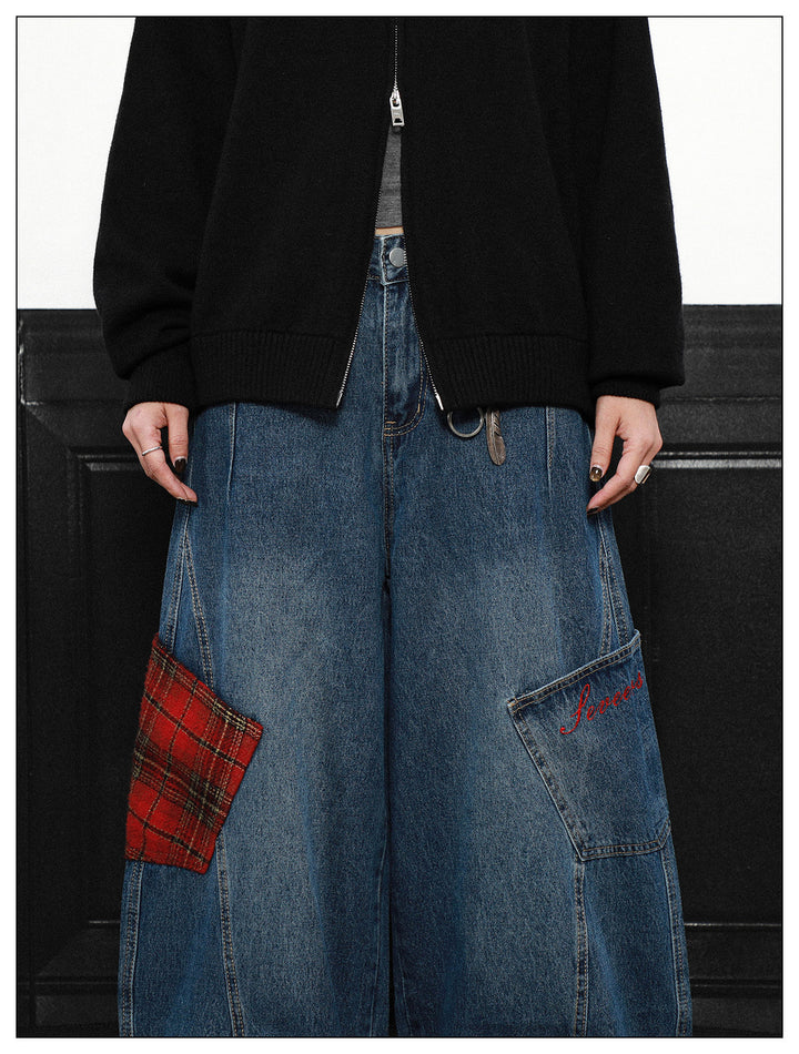 PLAID PATCH WIDE CURVE DENIM PANTS AEDES4579 - Deuku