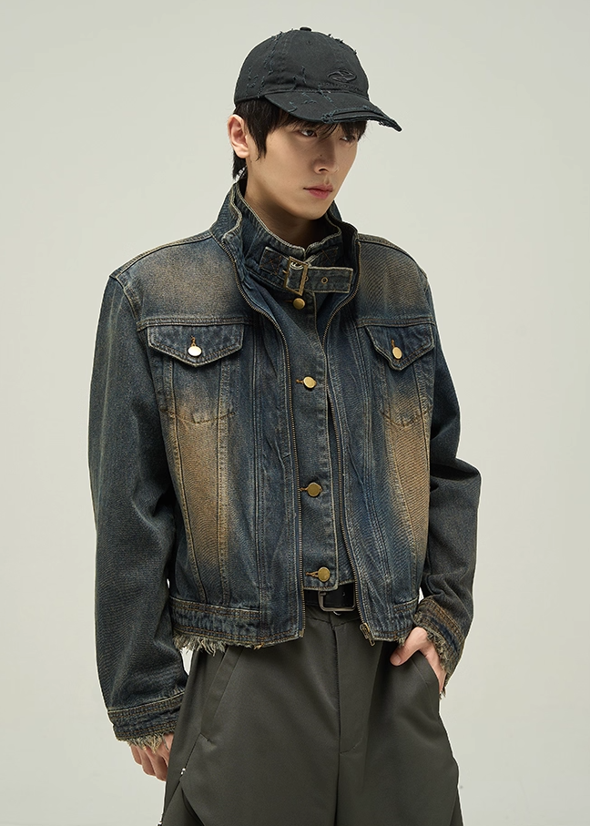STAND COLLAR SHORT WASHED DENIM JACKET BEDES4533