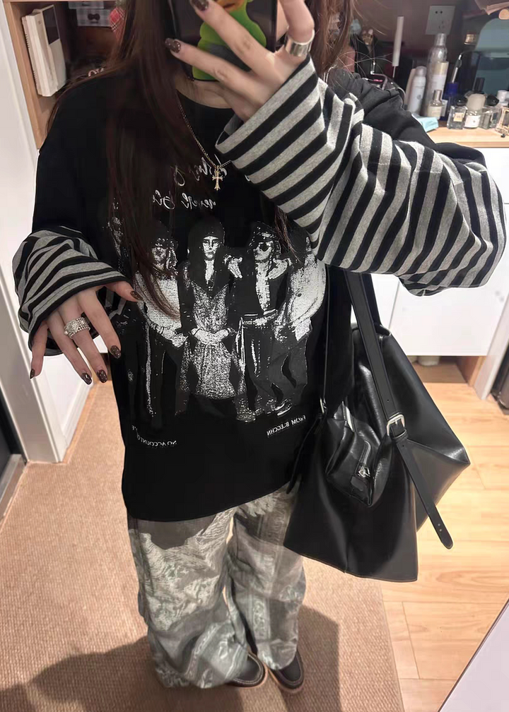 LAYERED STRIPE SLEEVE GRAPHIC TEE DFDES4617