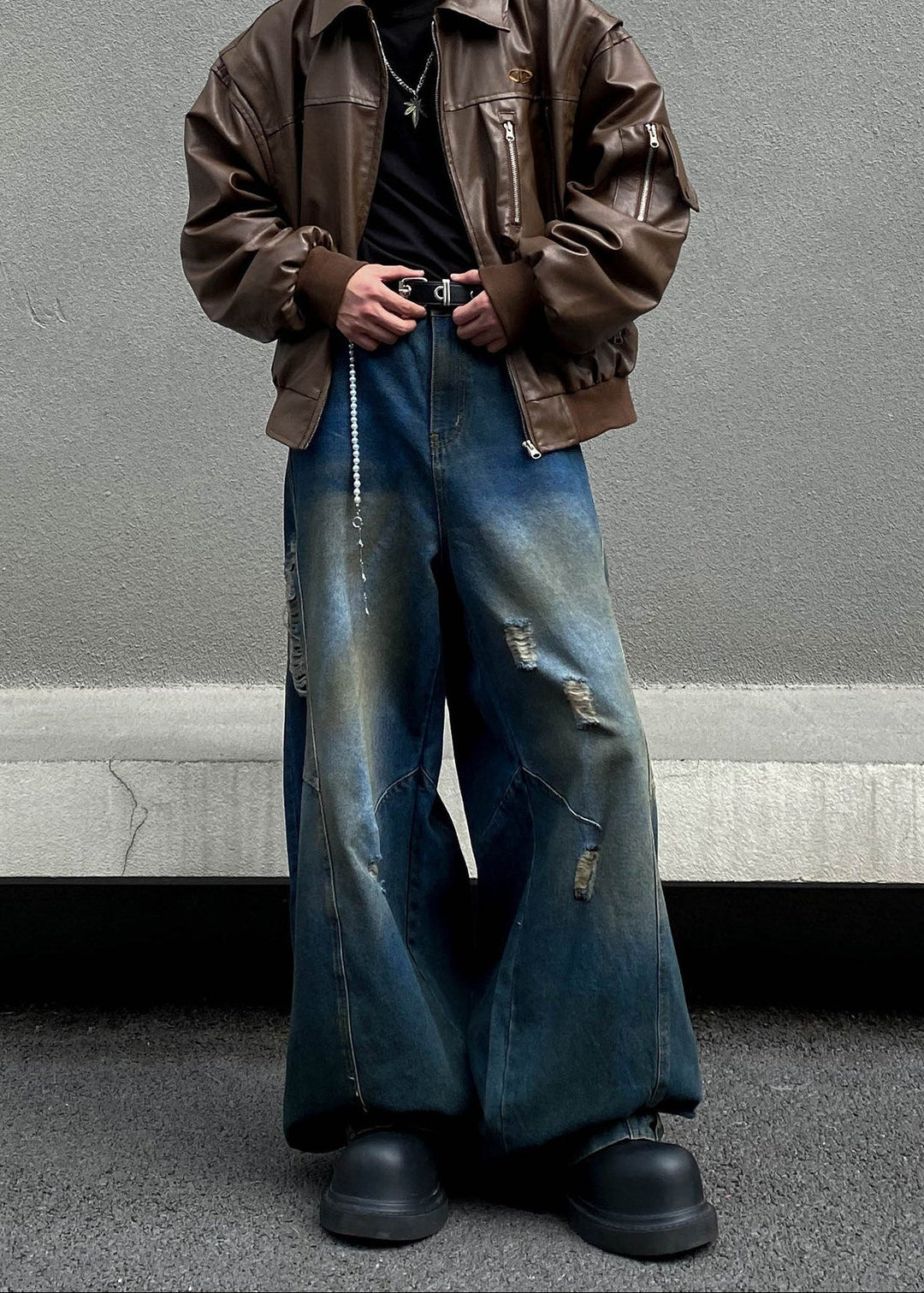 FADE DAMAGED WIDE BAGGY DENIM AEDES4566 - Deuku