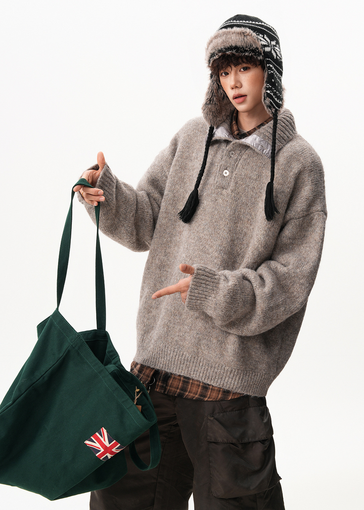 BUTTONED HIGH COLLAR KNIT SWEATER BEDES4549