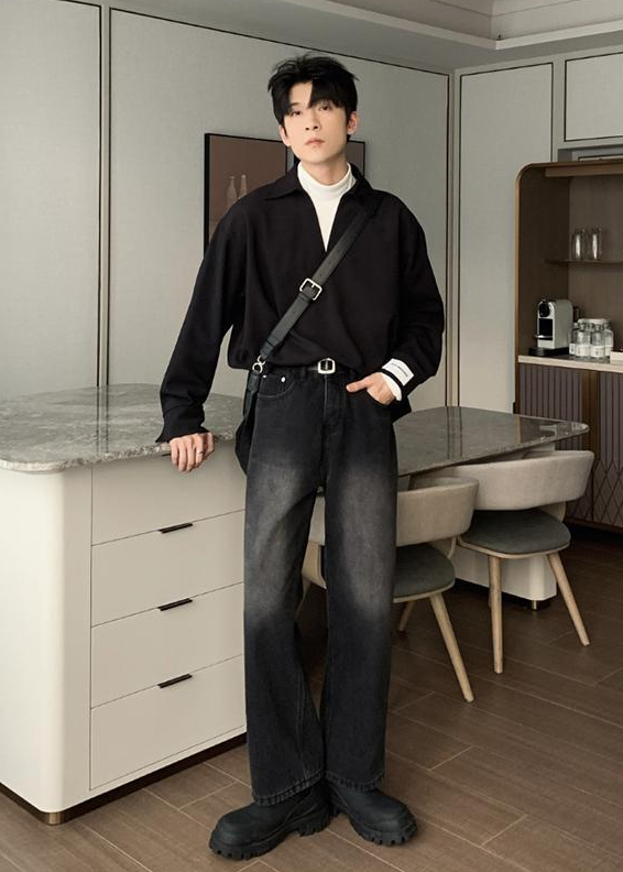 FADED SEMI FLARE BLACK DENIM PANTS BEDES4749