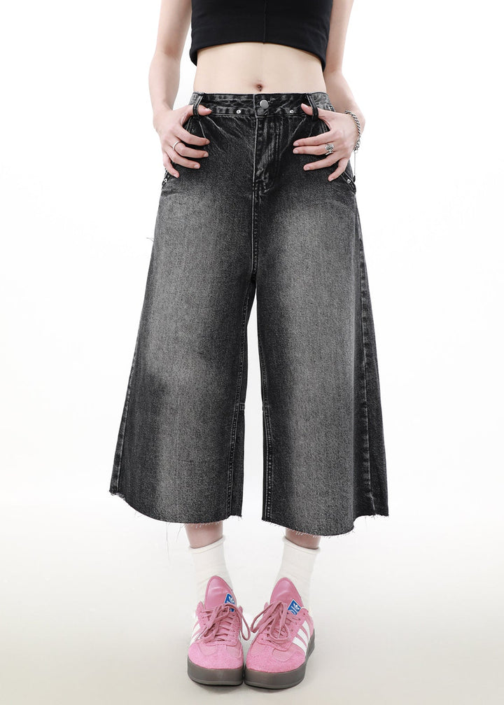 BLACK DENIM WIDE CROPPED PANTS MNDES4458
