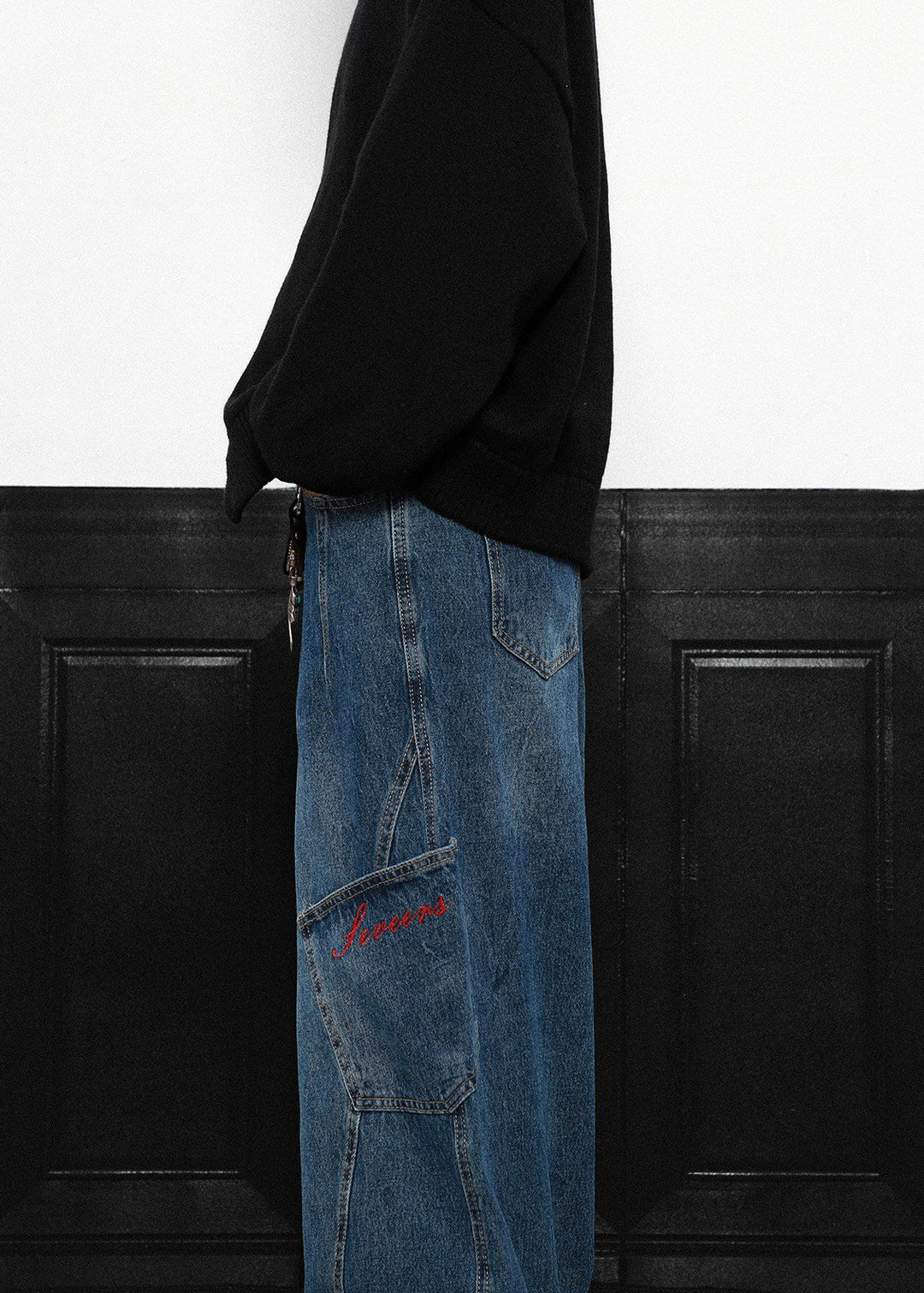 PLAID PATCH WIDE CURVE DENIM PANTS AEDES4579 - Deuku