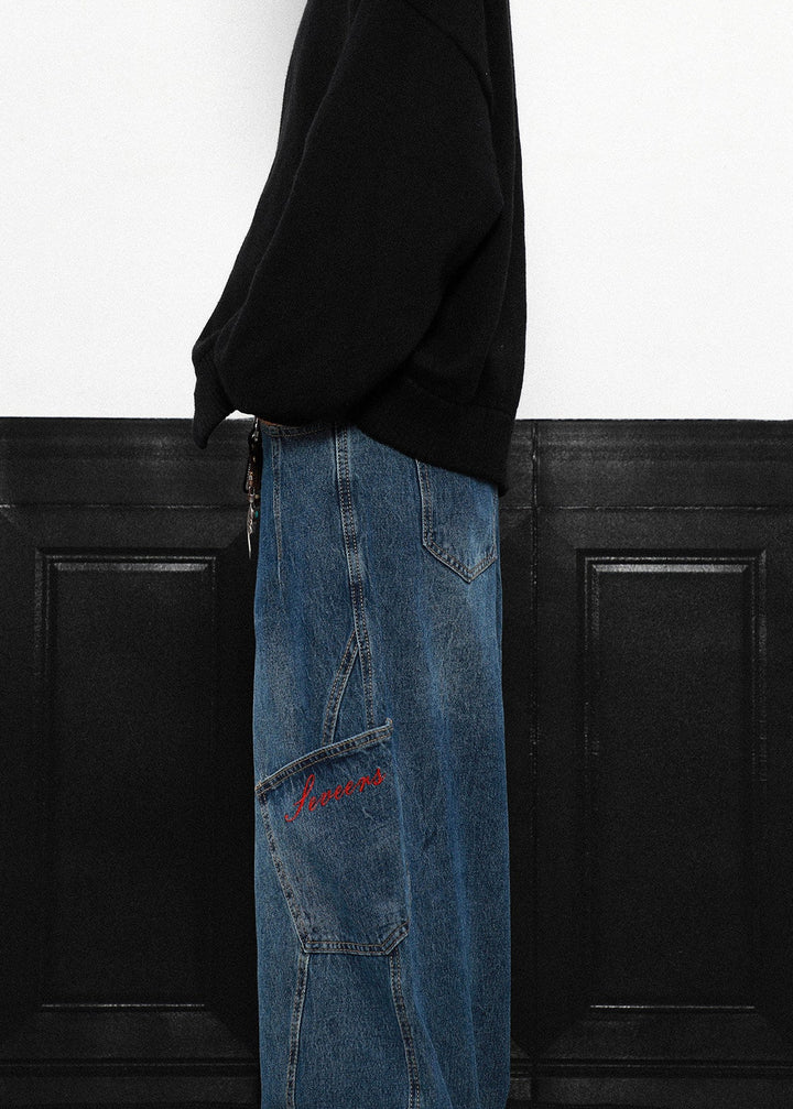 PLAID PATCH WIDE CURVE DENIM PANTS AEDES4579 - Deuku