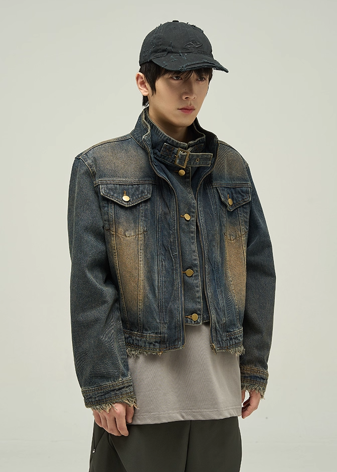 STAND COLLAR SHORT WASHED DENIM JACKET BEDES4533