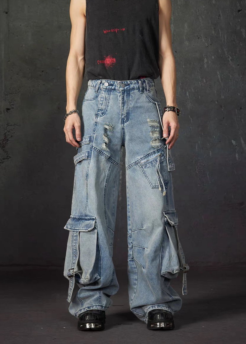 MULTI POCKET DAMAGED DENIM CARGO PANTS DFDES4622