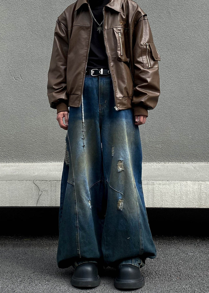 FADE DAMAGED WIDE BAGGY DENIM AEDES4566 - Deuku