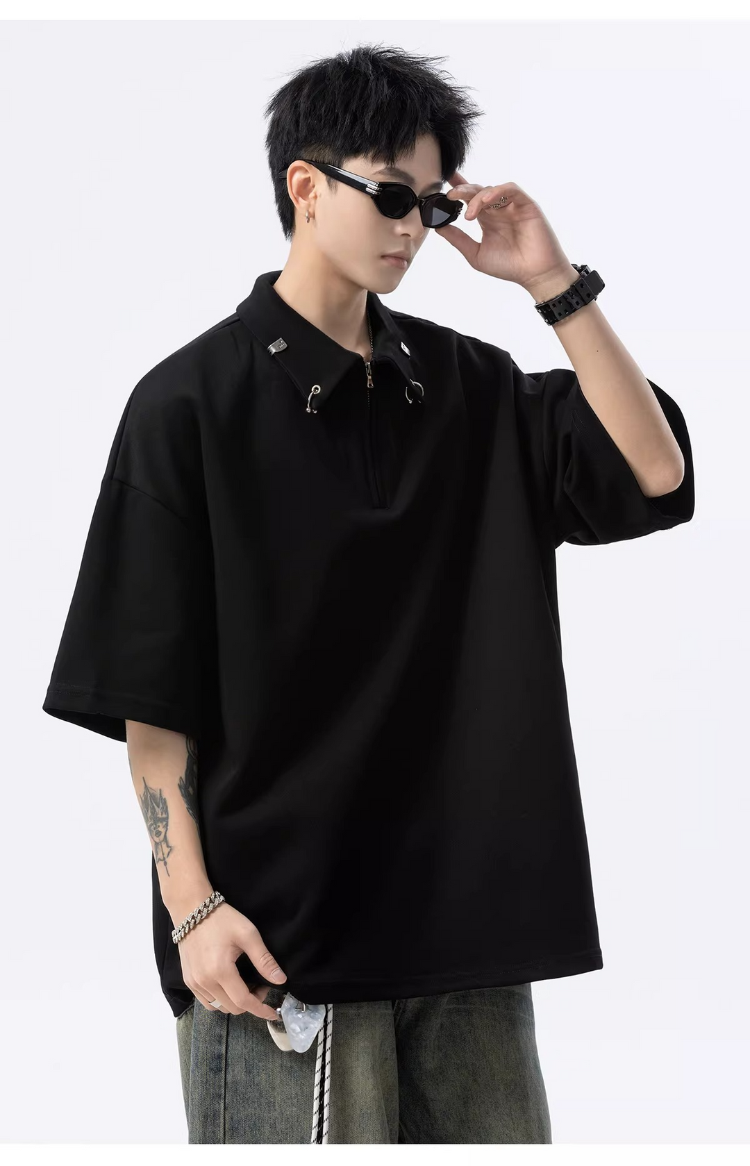 HALF ZIP PIERCED OVERSIZED T-SHIRT BEDES4634