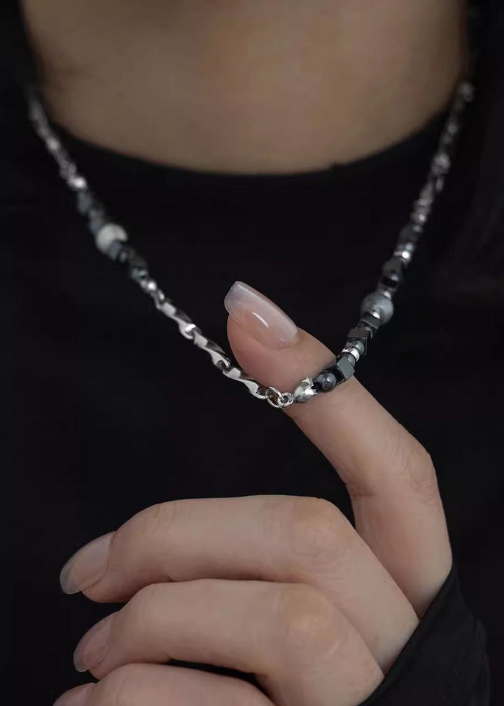BLACK STONE MIX CHAIN NECKLACE BEDES4681
