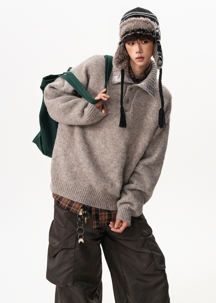 BUTTONED HIGH COLLAR KNIT SWEATER BEDES4549