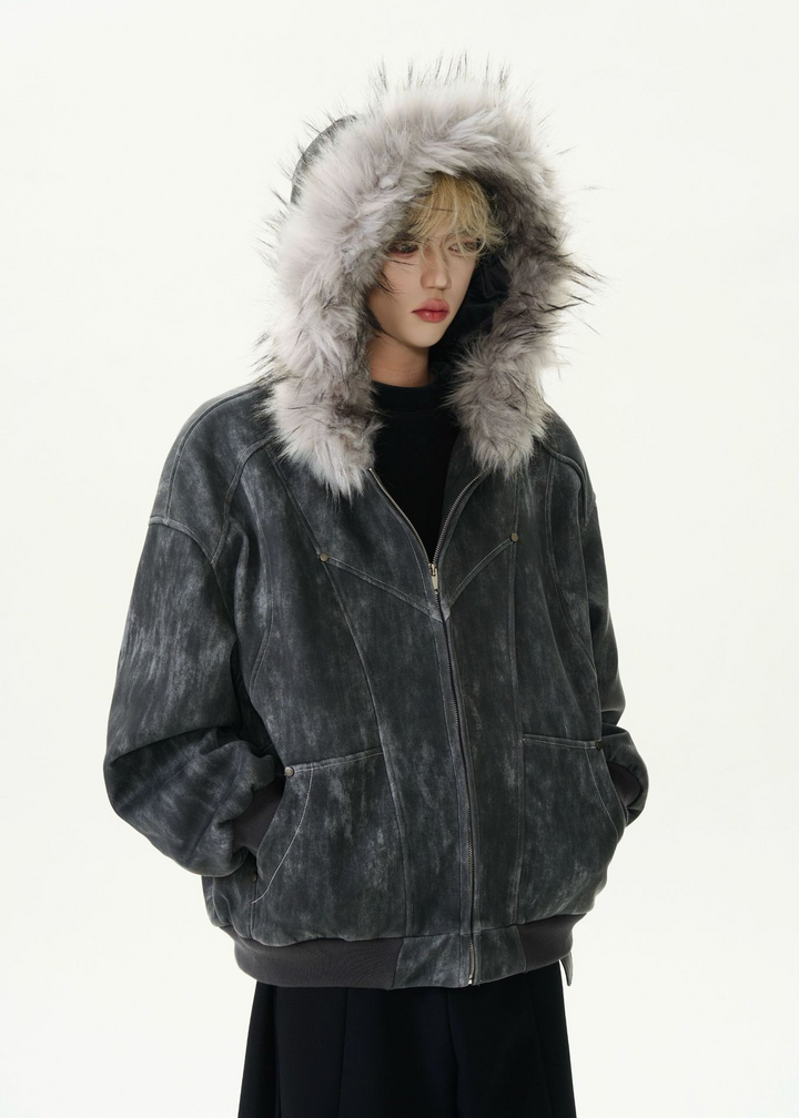 DISTRESSED FUR HOOD SHORT JACKET BEDES4546