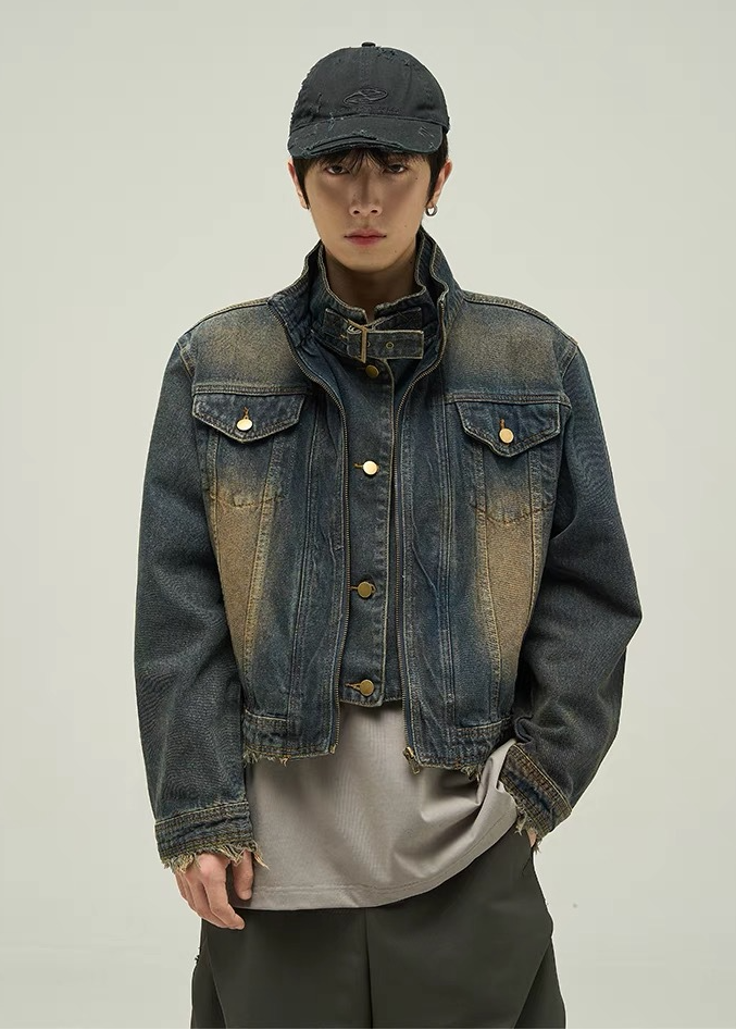 STAND COLLAR SHORT WASHED DENIM JACKET BEDES4533