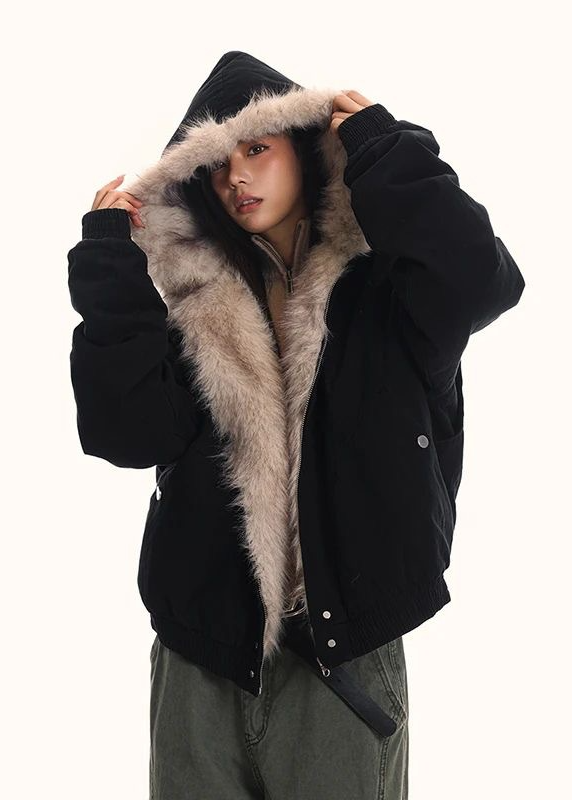 FUR LINED HOODED SHORT JACKET BEDES4540