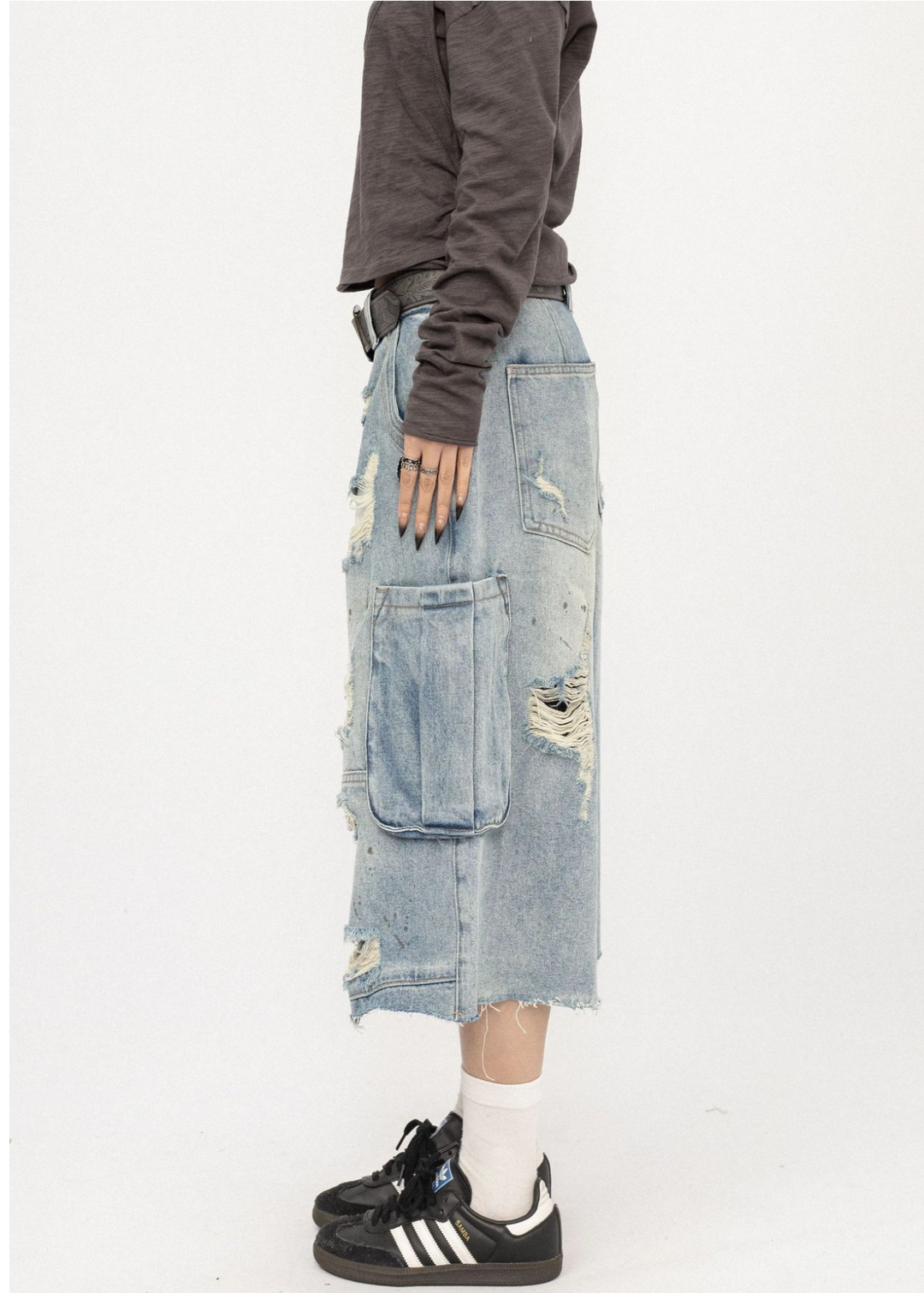 DISTRESSED CARGO BAGGY DENIM SHORTS BEDES4719