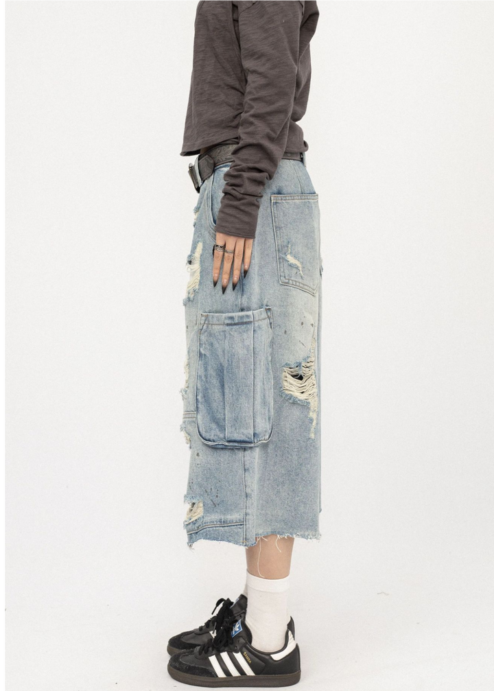 DISTRESSED CARGO BAGGY DENIM SHORTS BEDES4719