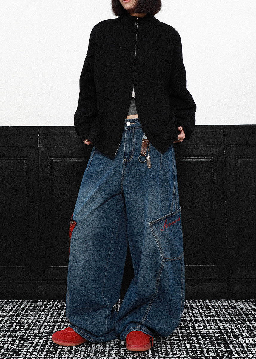 PLAID PATCH WIDE CURVE DENIM PANTS AEDES4579 - Deuku