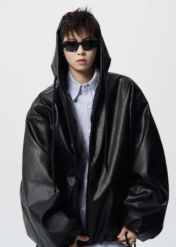 VOLUME SLEEVE HOODED LEATHER JACKET BEDES4535