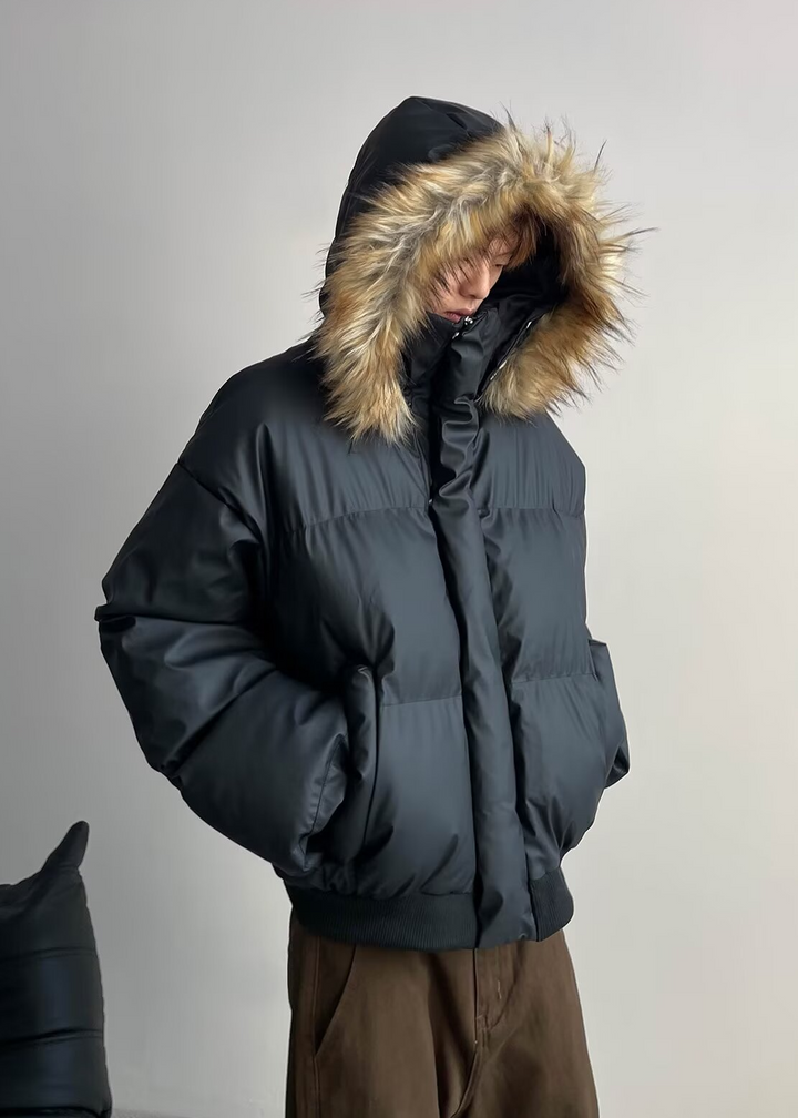 FUR HOODED PUFF SHORT JACKET BEDES4541