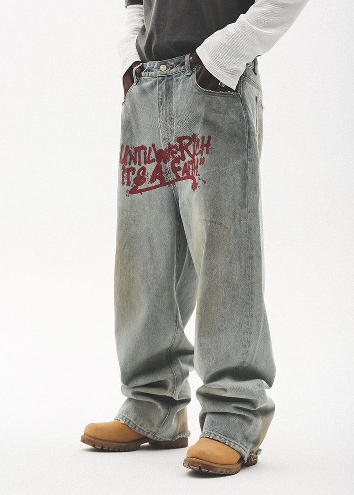 GRAFFITI PRINTED WASHED WIDE DENIM PANTS UWDES4487
