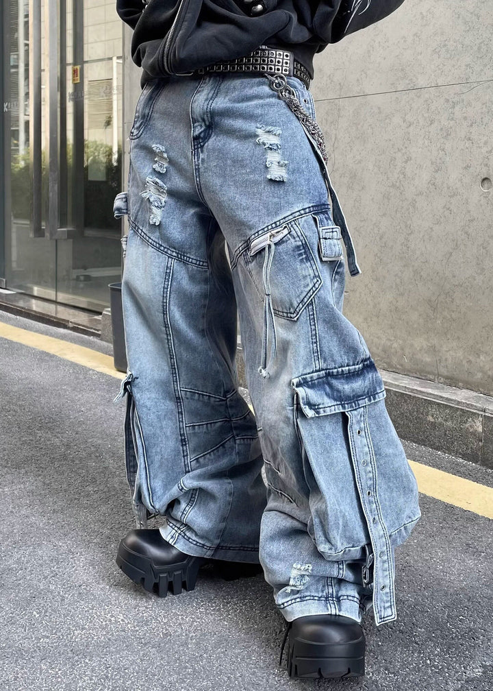 MULTI POCKET DAMAGED DENIM CARGO PANTS DFDES4622