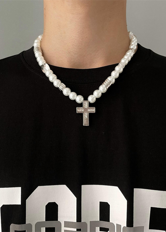 PEARL CROSS NECKLACE BEDES4603