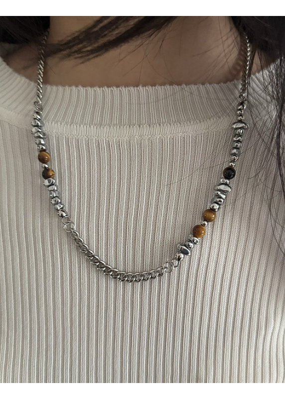 TIGER EYE BEAD CHAIN NECKLACE BEDES4680