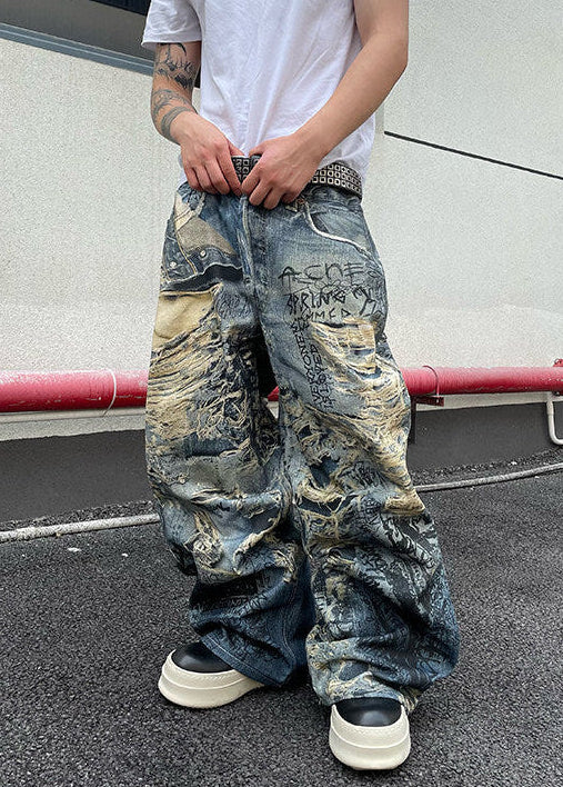 DISTRESSED GRAFFITI WIDE DENIM PANTS DFDES4624