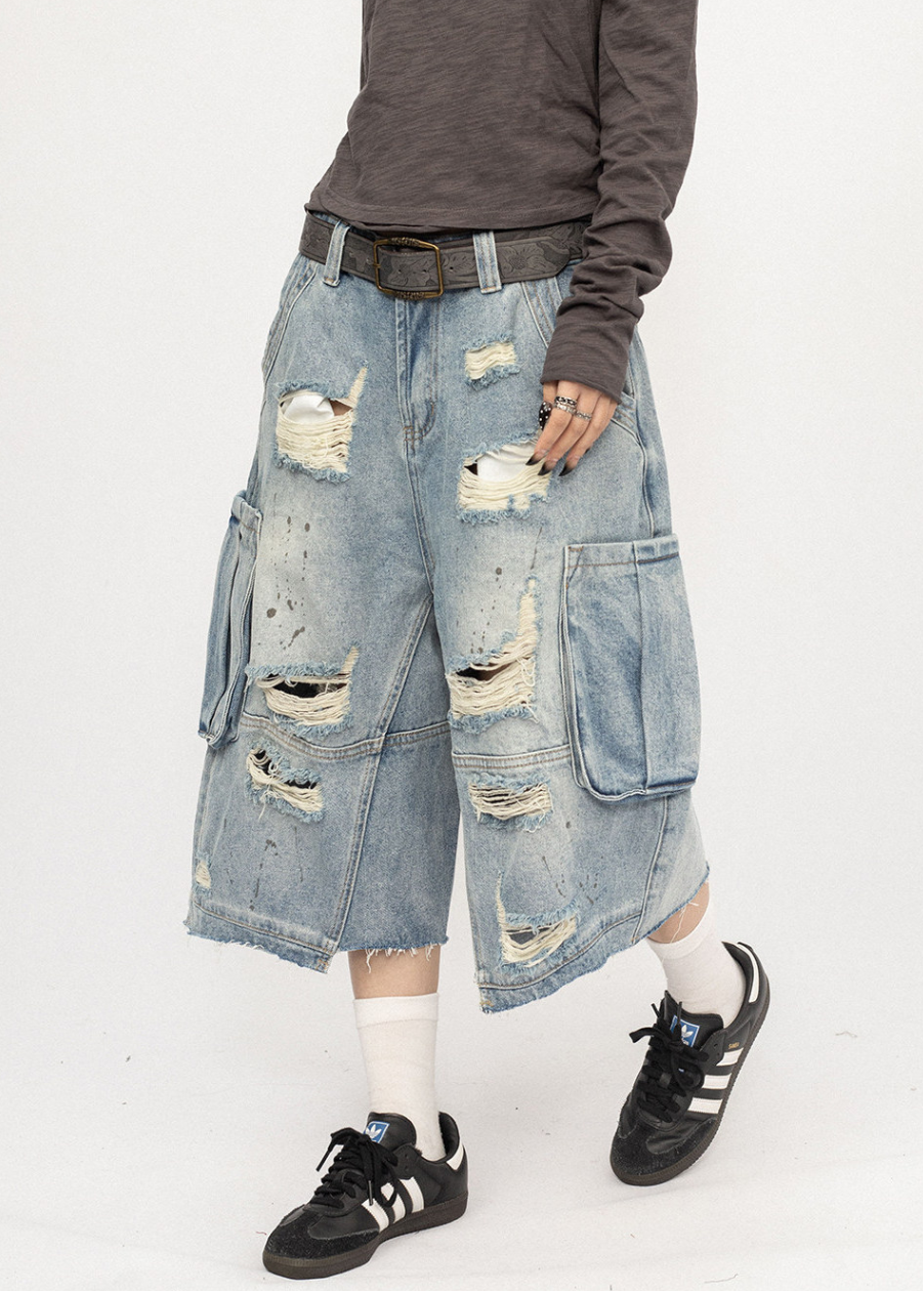 DISTRESSED CARGO BAGGY DENIM SHORTS BEDES4719