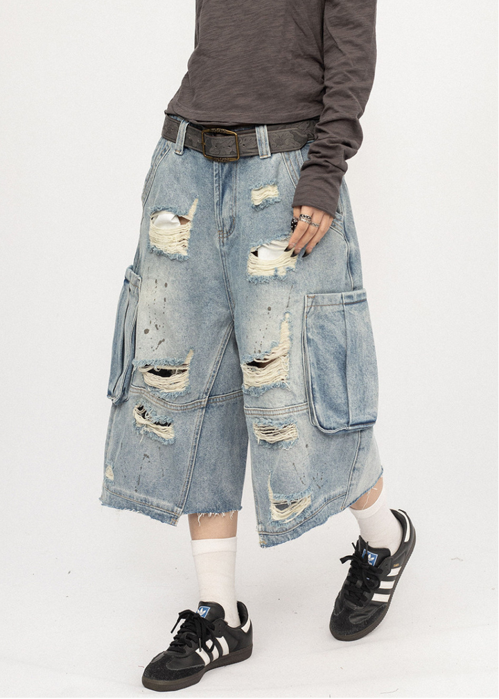 DISTRESSED CARGO BAGGY DENIM SHORTS BEDES4719