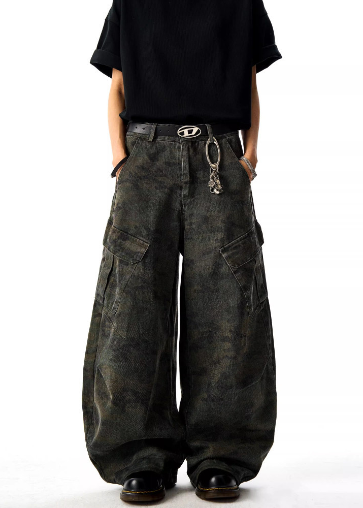 WASHED CURVE CAMO WIDE CARGO PANTS BEDES4718