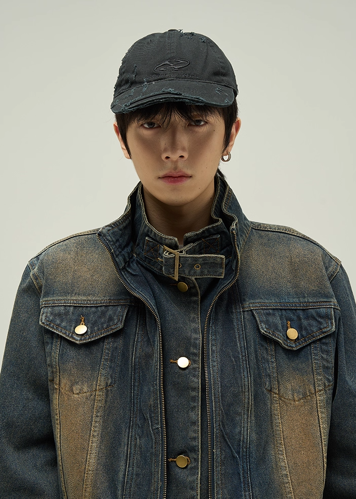 STAND COLLAR SHORT WASHED DENIM JACKET BEDES4533