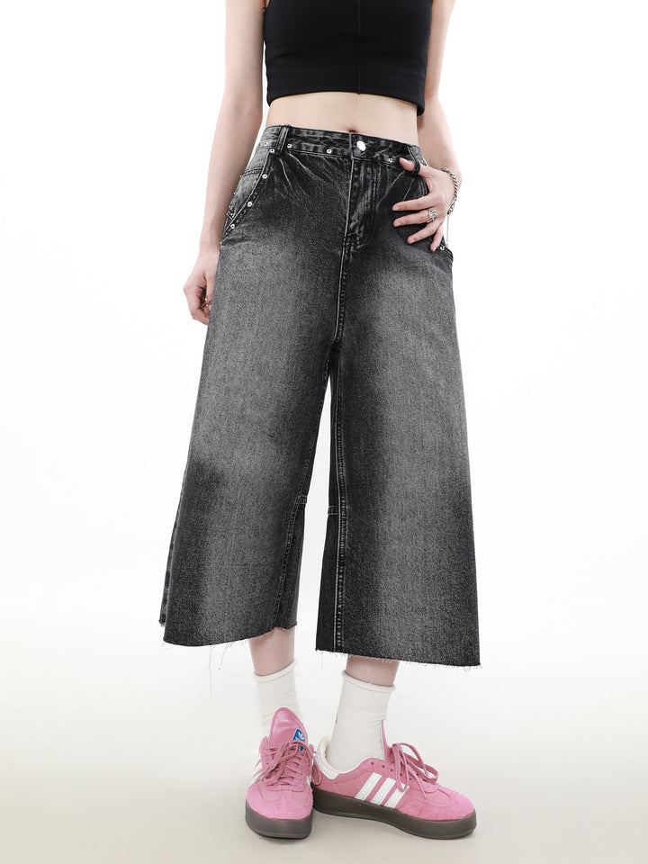 BLACK DENIM WIDE CROPPED PANTS MNDES4458