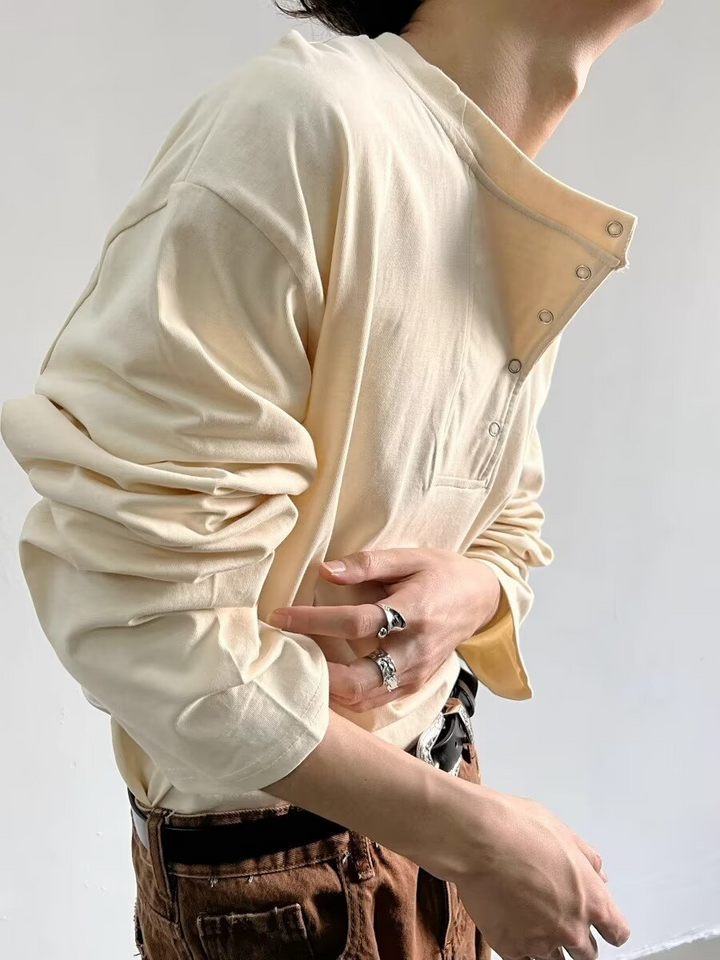 BUTTON NECK LOOSE LONG T-SHIRT BEDES4636