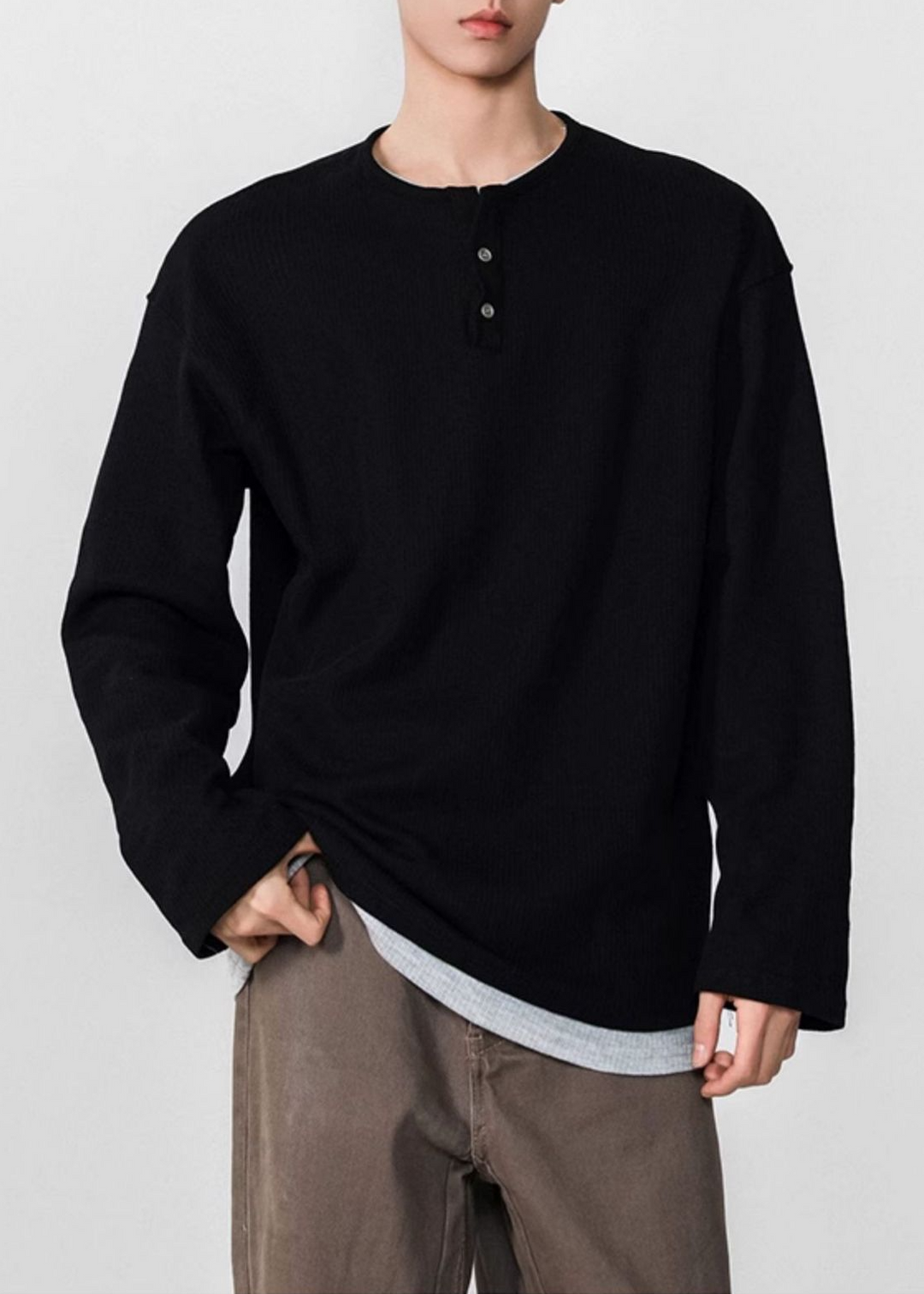 LAYERED WAFFLE HENLEY T-SHIRT BEDES4639