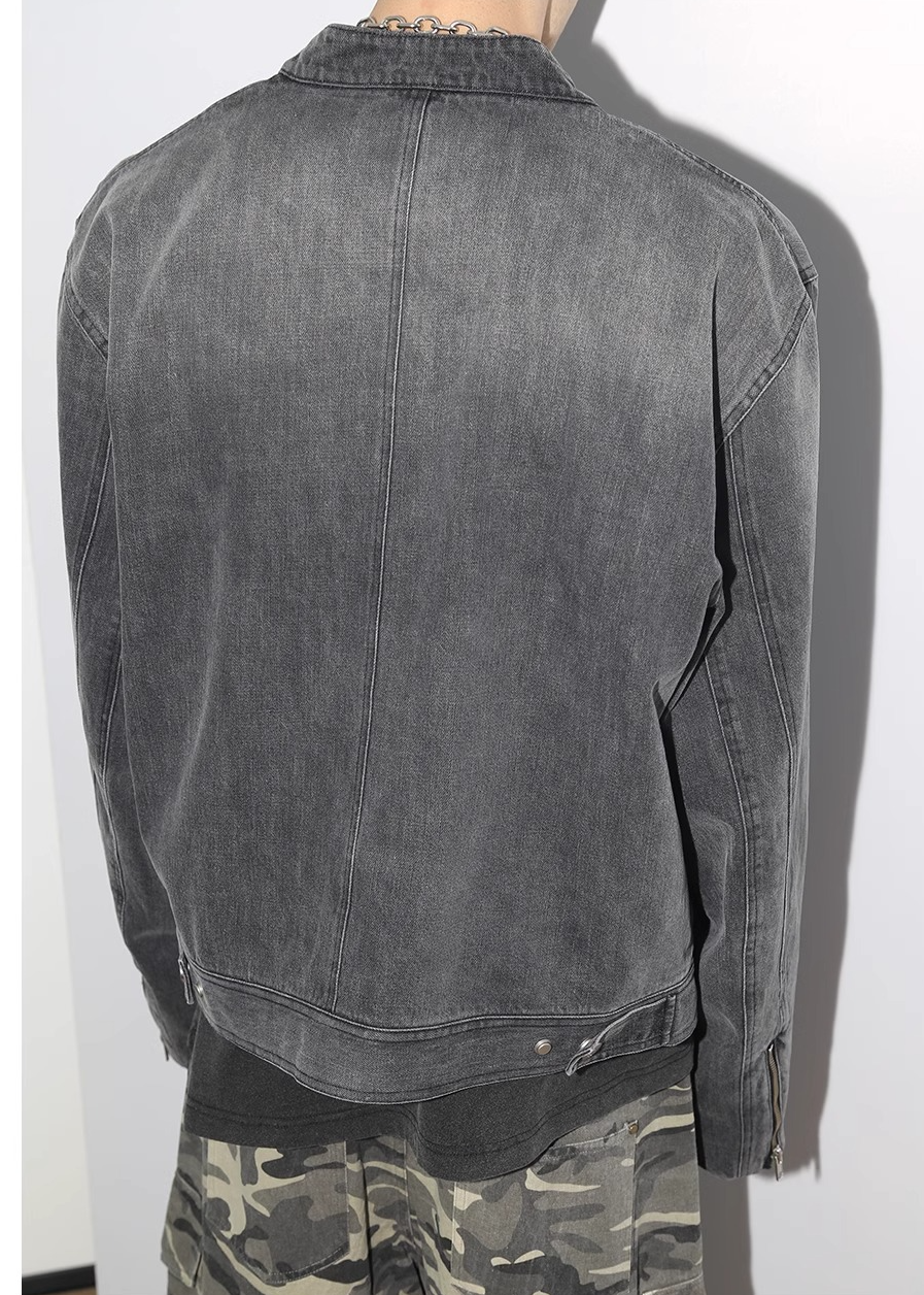 WASHED DENIM BIKER JACKET CHARCOAL GRAY BEDES4536