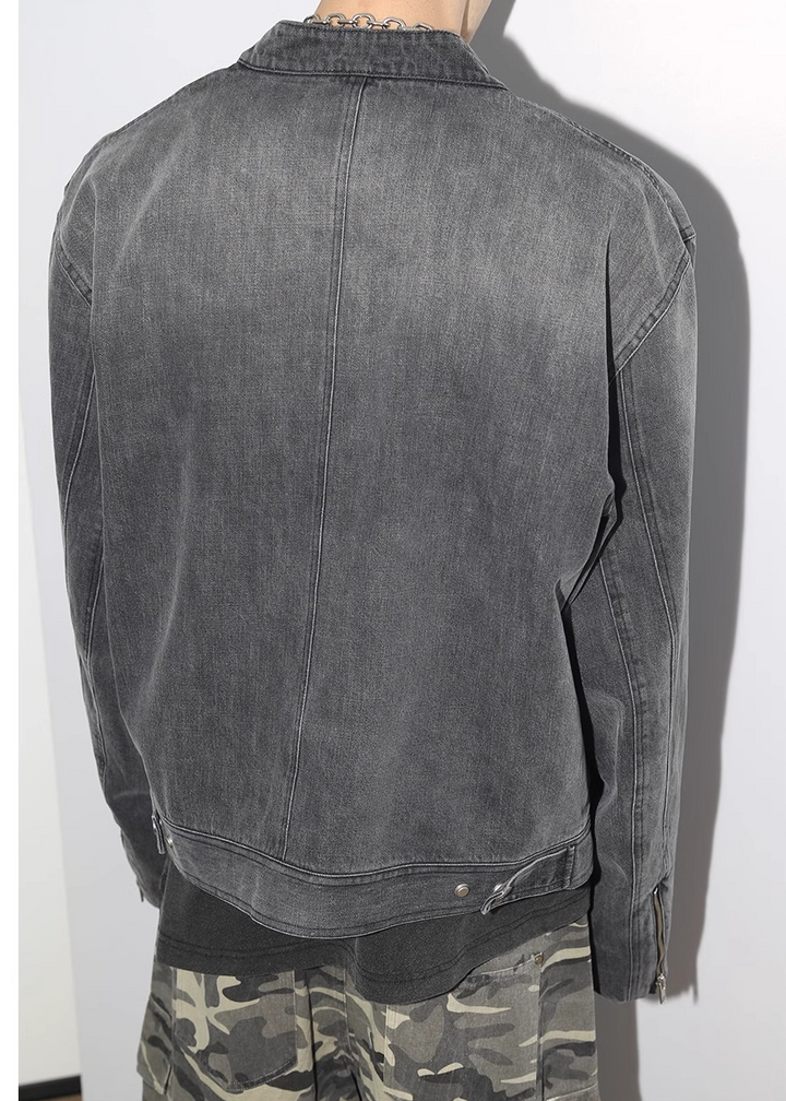 WASHED DENIM BIKER JACKET CHARCOAL GRAY BEDES4536