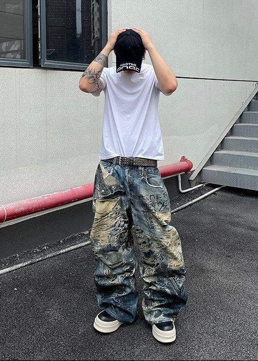 DISTRESSED GRAFFITI WIDE DENIM PANTS DFDES4624
