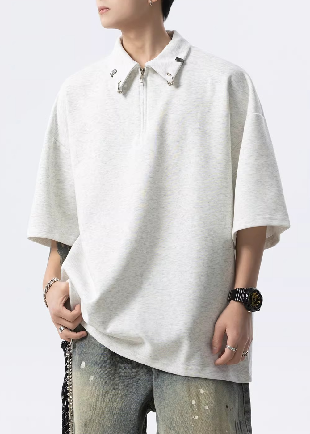 HALF ZIP PIERCED OVERSIZED T-SHIRT BEDES4634
