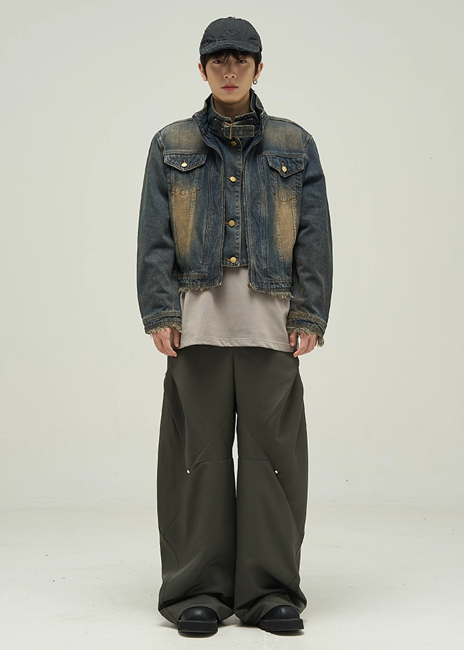 STAND COLLAR SHORT WASHED DENIM JACKET BEDES4533