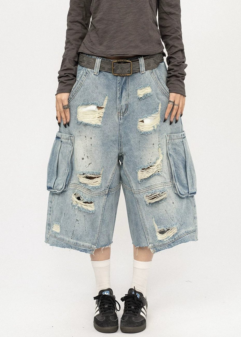 DISTRESSED CARGO BAGGY DENIM SHORTS BEDES4719